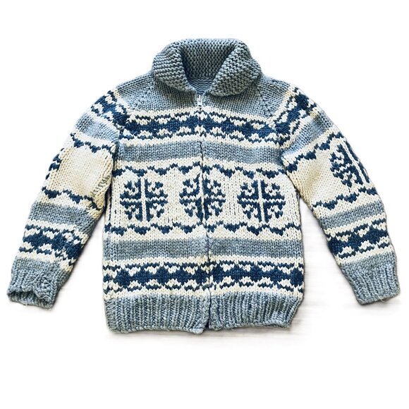 Cowichan Hand Knit Wool Cardigan Sweater Blue/Cream Snowflake Pattern Vintage - Picture 2 of 8